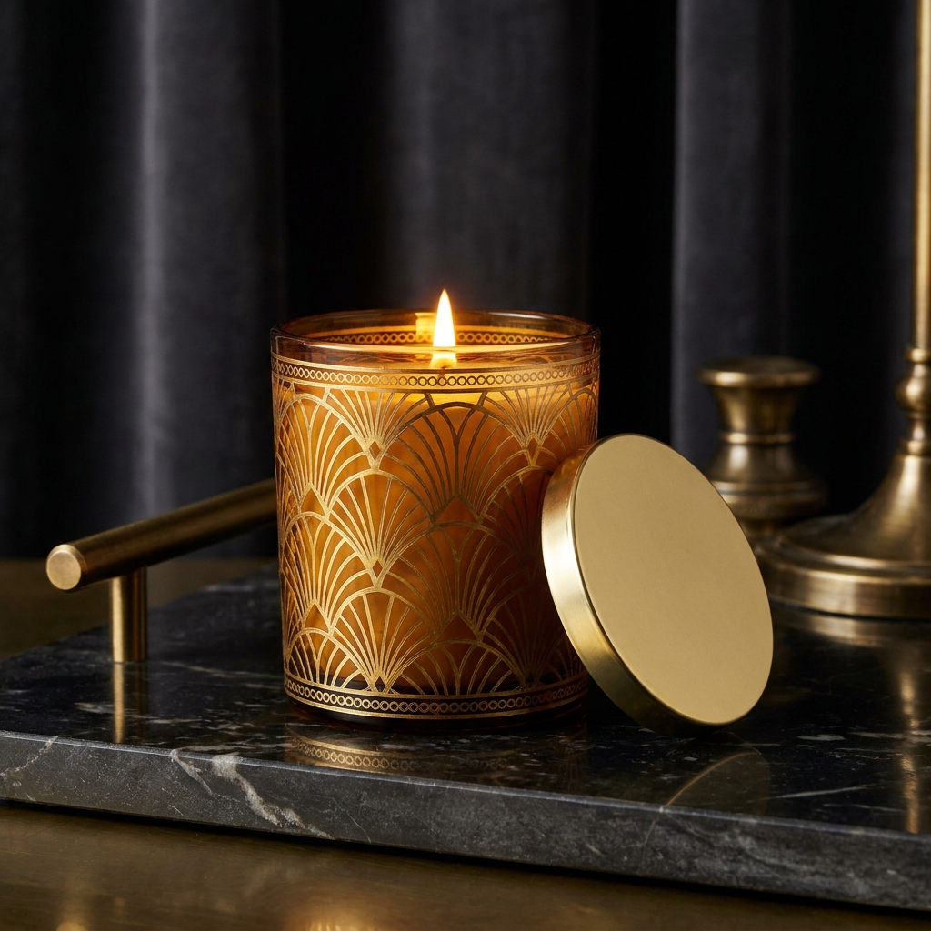 Harlem Candle Company luksuslys i et dekorativt glass med gulldetaljer på en mørk overflate