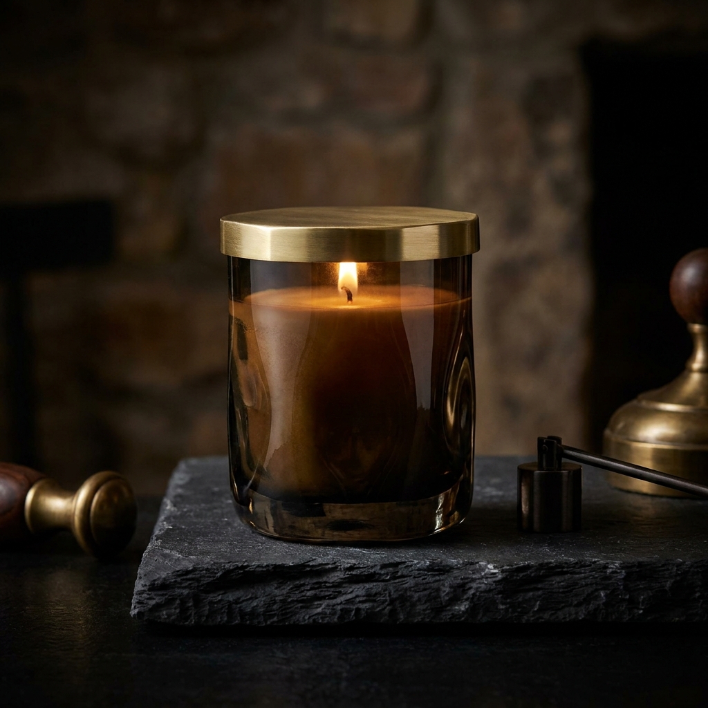 LOEWE Home Scents-lys i sin karakteristiske fargede glassbeholder på en marmoroverflate